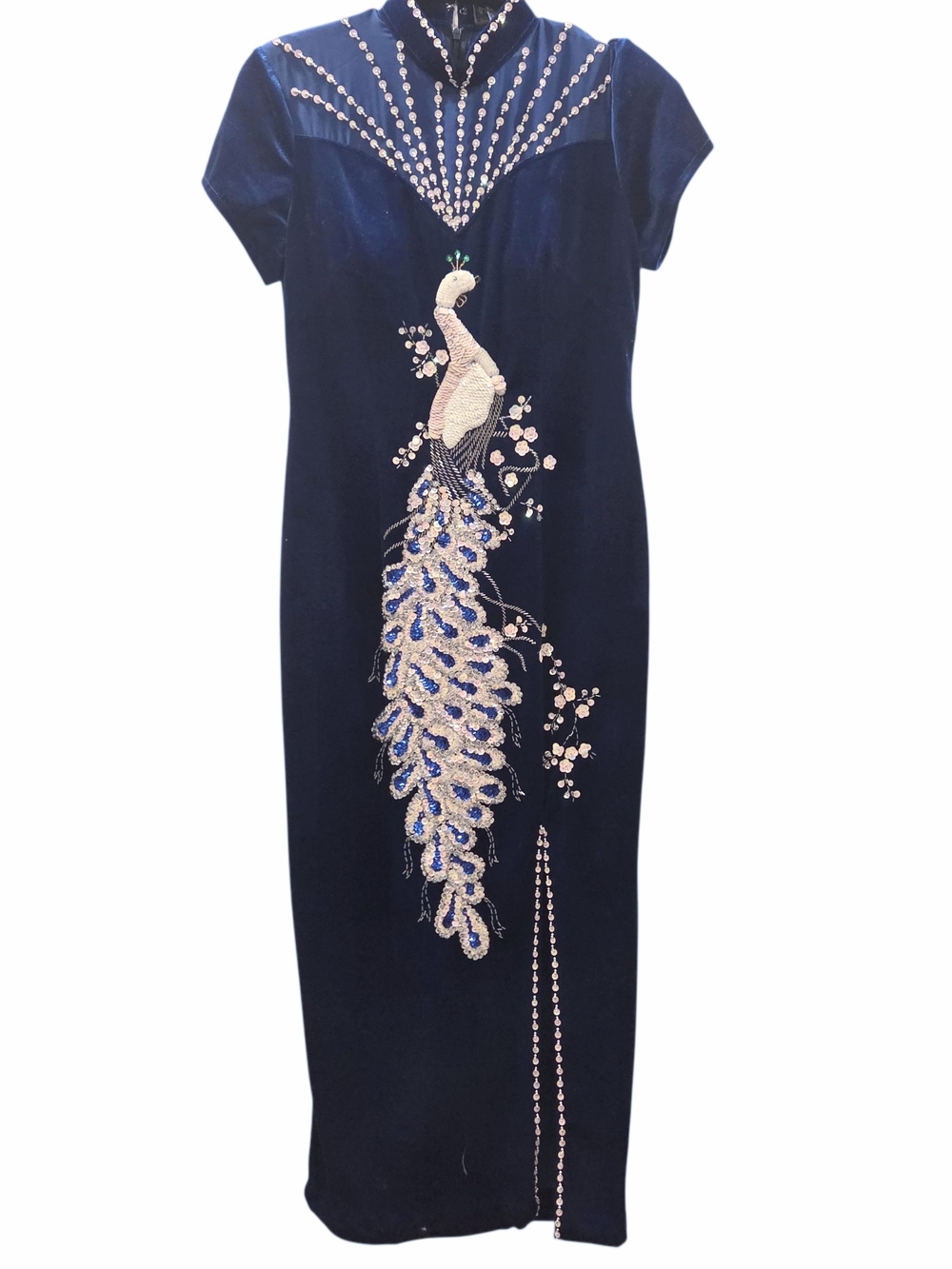 Peacock Beaded 90's Vintage Glam Velvet Dress Blue Mandarin Collar Sequin Gown L